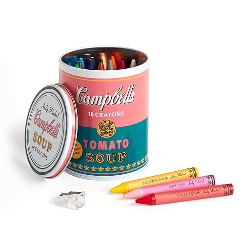 Mudpuppy Andy Warhol Inspired Extra Thick Crayons and Sharpener Set in Soup Can Shaped Tin, Pink,Yellow - Image 1