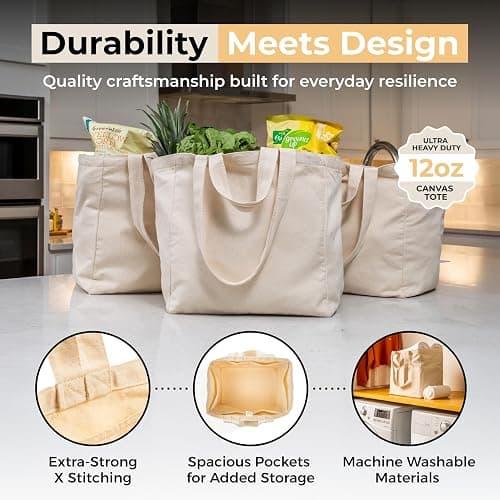 VeraMia Canvas Grocery Bag 3pc XL Set with Real Pockets, Long Shoulder Strap and Short Handle. Heavy Duty, Foldable, Washable thumbnail 3