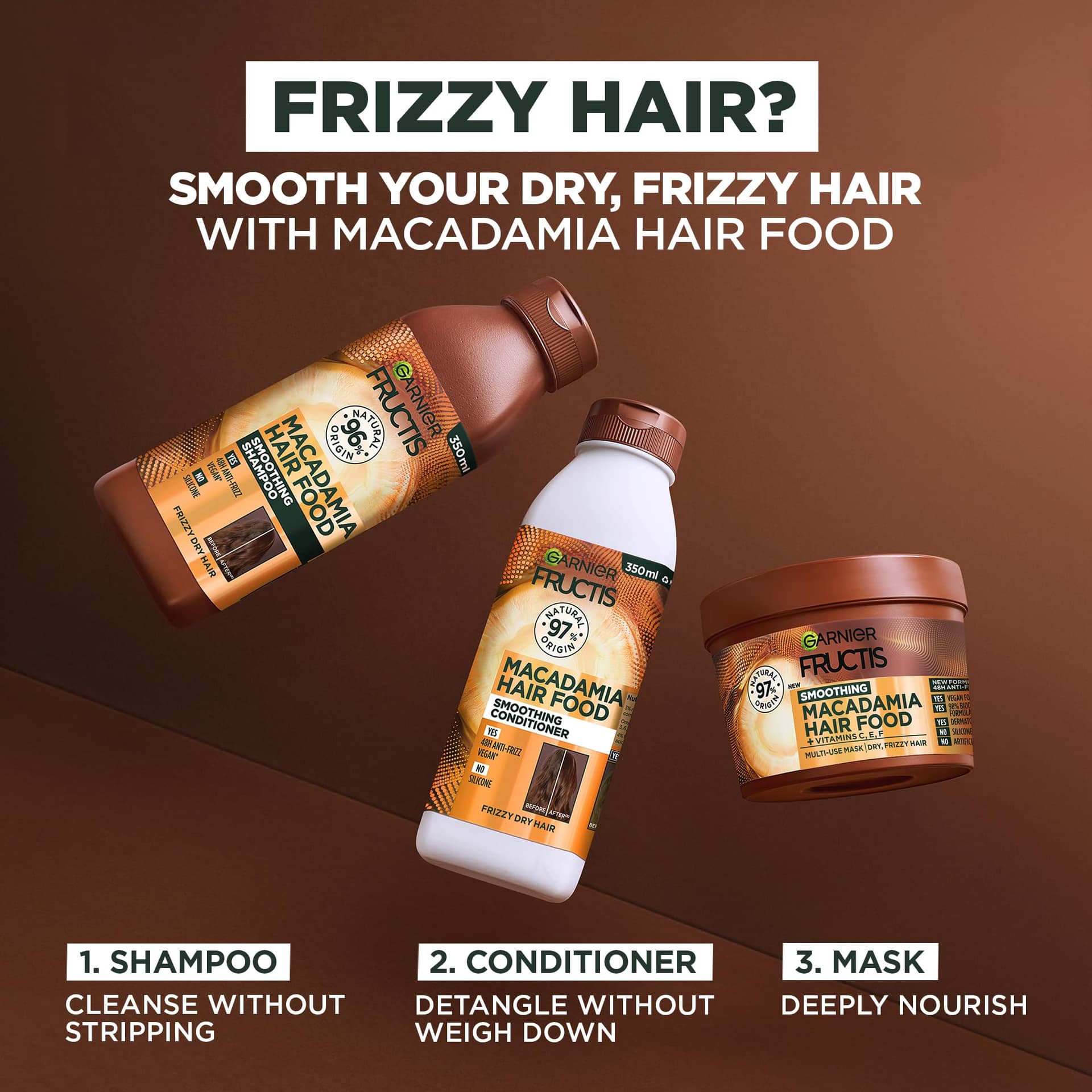 Garnier Fructis Hair Food Smoothing Macadamia 3-in-1 Hair Mask Treatment, Frizz Control for Dry Hair - Vegan, 98% Natural Origin, Silicone-Free, Tames and Softens Hair for a Smooth Finish, 390ml thumbnail 8