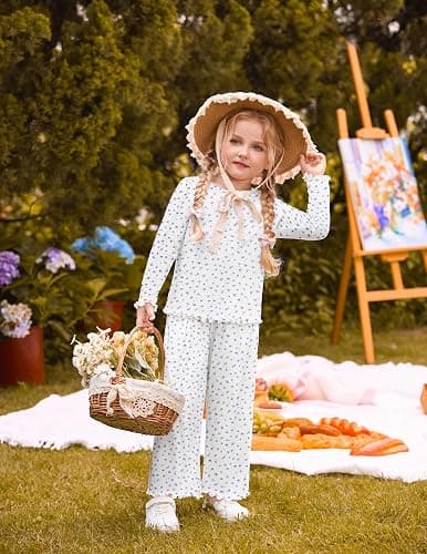 Arshiner Toddler Girl Clothes Fall Outfit Ribbed Lettuce Trim Tops Pant Set | for 2-10 Years Kids, 2 Piece, Long Sleeve, Crew Neck, Floral Wide Leg Pants Sets, Cute Casual Fashion Outfit thumbnail 4