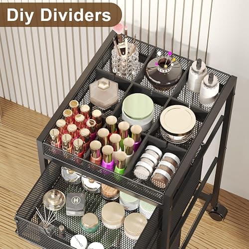JKsmart Rolling Makeup Cart Organizer with 3 Drawers, Cosmetics Display with Dividers, Floor Skincare Storage with Wheels, Versatile Vanity Organizer for Nail Polish Perfume Brush Hair Tool, Black thumbnail 5