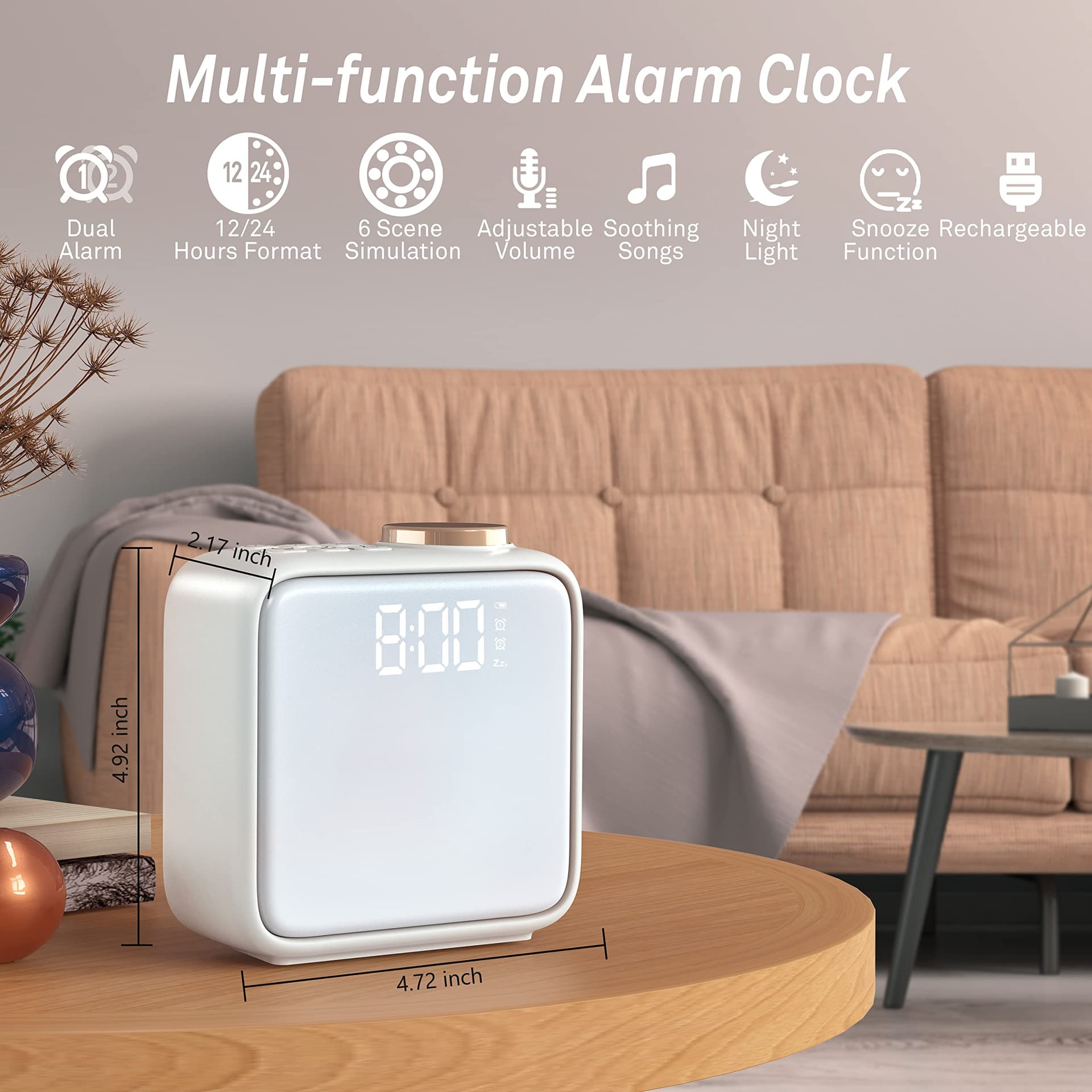 AIRIVO Alarm Clock Night Lights, Built-in Battery Alarm Clock for Bedrooms, 6 Scenes & White Noise Sync, Dual Alarms & Snooze, for Heavy Sleepers, Gifts for Kids Teens - Beige thumbnail 7