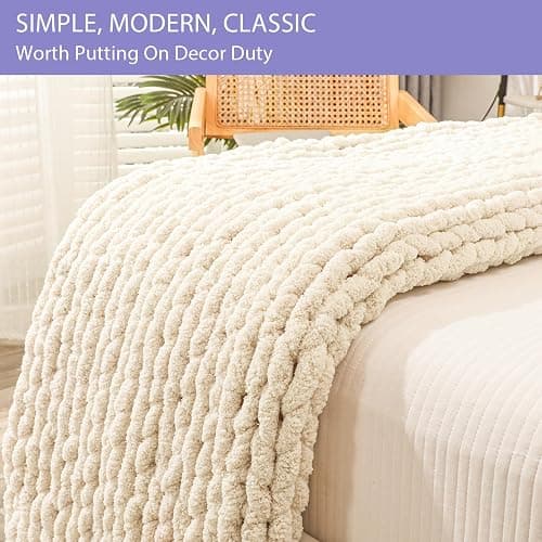 Bigacogo Chunky Knit Throw Blanket for Couch, 40x60 inches, 100% Hand Knitted with Thick Jumbo Chenille Yarn, Cozy Soft Large Rope Knot Cable Crochet Blankets for Sofa Bed Living Room, Beige thumbnail 6