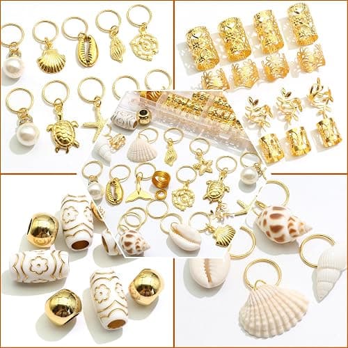 VENOFEN 149Pcs Shell Hair Jewelry Gold Loc Cuffs Rings Natural Conch Starfish Braids Clips Pearl Dreadlock Charm Hair Tube Beads Accessories for Women and Girls thumbnail 3