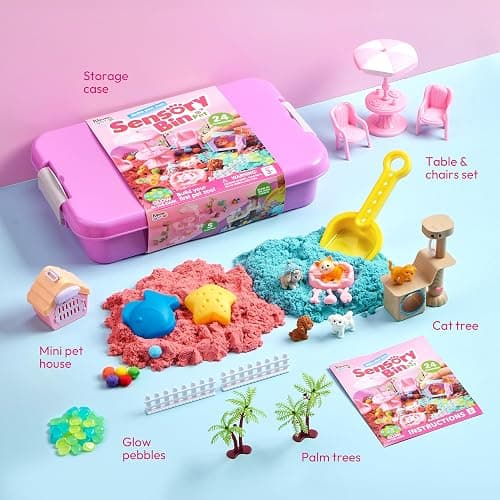 Klever Kits Cute Pet Sensory Bin for Toddlers with Glow in The Dark Stones, Sandbox with Lid Dual-Color Sand, Preschool Learning Activities Gifts for Boys Girls Age 3+ thumbnail 4