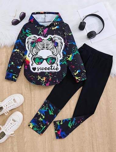 Woleroyir Girls Clothes Cool Girl Print Tie Dye Hoodie Pullover Sweatshirts Leggings Teen Girl Clothes 6-14 Years thumbnail 2