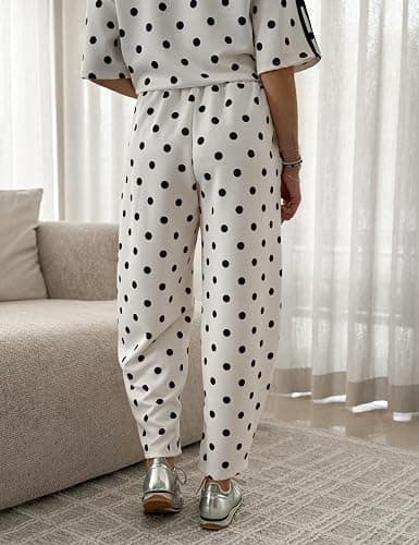 calbatic Women Polka Dot 2 Piece Lounge Set Short Sleeve T Shirt Side Striped Barrel Pants Travel Airport Outfits thumbnail 6