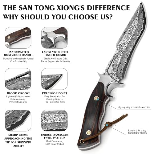 10.4''Damascus Bowie Hunting Knife | Full Tang Fixed Blade with VG10 Core & Leather Sheath,Adventure,Survival,Hiking,Camping,Ideal Gift Knives for men women, thumbnail 4