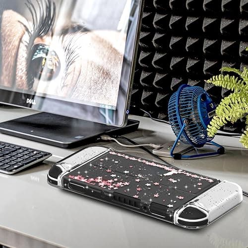 Cute Switch OLED Case – Dockable Glitter Clear Protective Cover with Cherry Blossom Design, Tempered Glass Screen Protector & Thumb Grips for Nintendo Switch OLED thumbnail 5