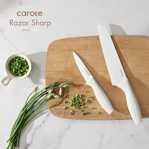 CAROTE 15Piece Knife Set, Kitchen Knife Block Set, Elegant White Ceramic-Coated Blades with Stylish Wooden Block for Modern Culinary Excellence thumbnail 5
