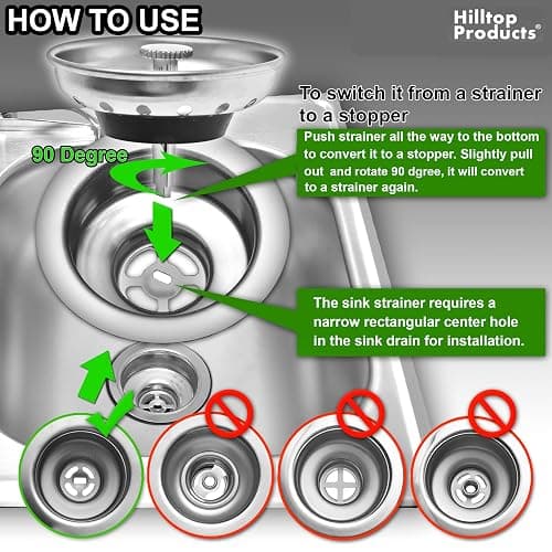 2 Pack - Kitchen Sink Strainer and Stopper Combo Basket Replacement for Standard 3-1/2 inch Drain, Stainless Steel Basket with Plastic Knob, Rubber Stopper Bottom - Hilltop Products thumbnail 3