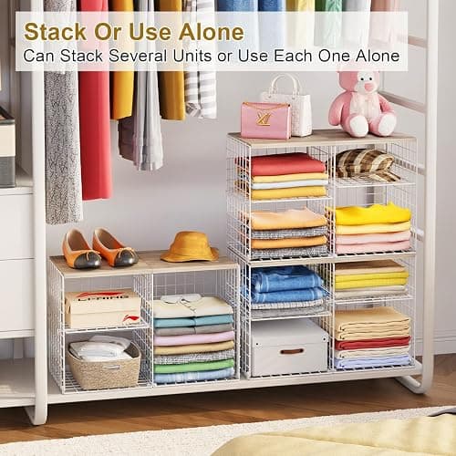 2 Pack Closet Shelf Organizer, Closet Organizers and Storage Shelves With Adjustable Dividers, Stackable Storage Bins Baskets For Clothes Sweaters Jeans Jackets, With Wooden Board, 8 Compartments thumbnail 6