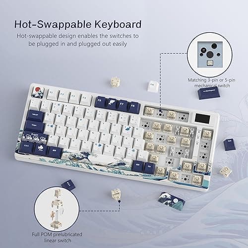 Womier S-K80 75% Keyboard with Color Multimedia Display Mechanical Gaming Keyboard, Wired Hot Swappable Gasket Mount RGB Custom Key Board, Pre-lubed Stabilizer for Mac/Win, White Kanagawa - White Kanagawa thumbnail 4