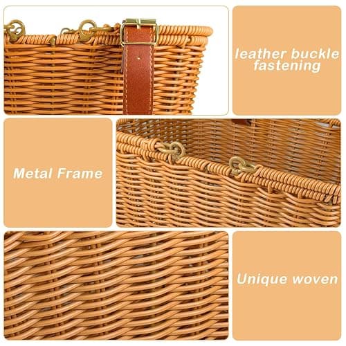 Bike Basket Front,Hand-Woven Bicycle Basket for Adult Bikes with Leather Straps, Easy Detachable,30 * 24 * 19cm thumbnail 4
