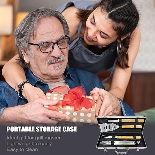 Christmas Dad Gifts from Daughter Heavy Duty Wooden BBQ Grilling Accessories Kit for Backyard, Thick Stainless Steel Grill Utensils with Non-Slip Handle Tools in Portable Bag Birthday thumbnail 6