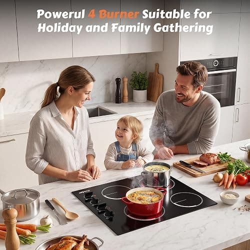 Cooksir Electric Cooktop 24 Inch - 4 Burner Built-in Electric Stove Top 6000W, Radiant Electrical Stovetop with 9 Heating Level, Knob Control, Auto Shut Off Protection, 220-240V Hard Wired (No Plug) thumbnail 2