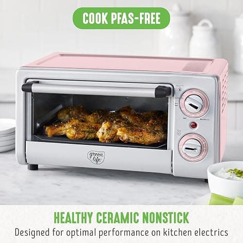 GreenLife Countertop Toaster Oven Air Fryer Stainless Steel, Healthy Ceramic Nonstick, PFAS Free, Tray & Basket, Bake, Broil, Reheat, Adjustable Temp & Time Control, Auto Shutoff, Pink thumbnail 3