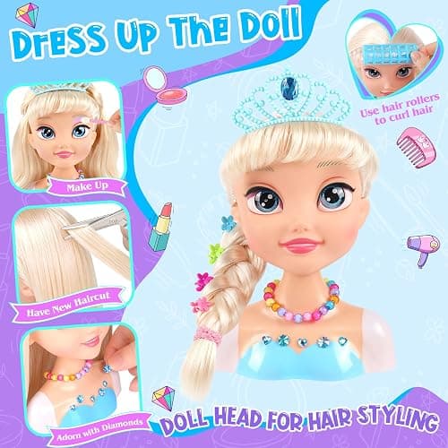 KUBUSFLY Hair Styling Doll Head Toys for Girls, Kids Makeup Hair Salon Pretend Play Styling Kit with Hairdryer, Curling Iron, Beauty Hair Stylist Toy Christmas Birthday Gift for Toddler Girls 3 4 5 6+ thumbnail 5