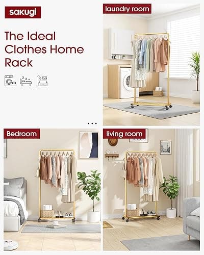 Sakugi Clothes Rack - Clothing Rack with Storage Mesh Shelf & Casters, Heavy-Duty Metal Clothing Rack for Hanging Clothes, Dresses, Coats, Large Load Capacity, Easy Assembly, Gold, 28.0"x16.9"x59.0" thumbnail 9