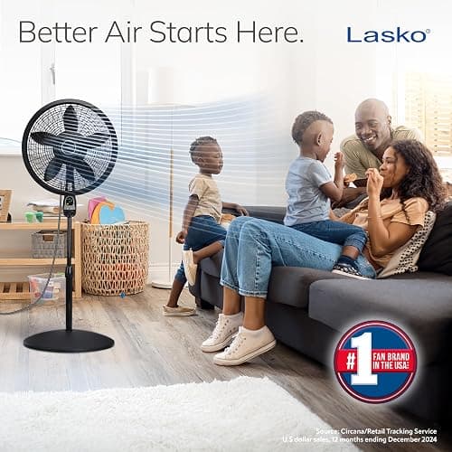 Lasko Oscillating Cyclone Pedestal Fan, Adjustable Height, Timer, Remote Control, 3 Speeds, for Bedroom, Living Room, Home Office, 18", Black, 1843 thumbnail 2
