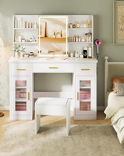 Memobarco 43.5-inch Large White Makeup Vanity Desk with Sliding Mirror | Smart LED Mirror, 3 Lighting Modes, Adjustable Brightness, 9 Shelves, 4 Drawers, 2 Cabinets, Power Outlets, Hairdryer-Rack thumbnail 8