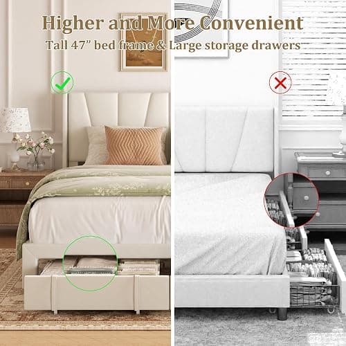 viplov Queen Bed Frame with Storage Drawers, Upholstered Queen Size Platform Bed with 47" Tall Headboard and Wingboard, No Box Spring Needed, Noise Free, Easy Assembly, Wooden Support Slats, Beige thumbnail 6