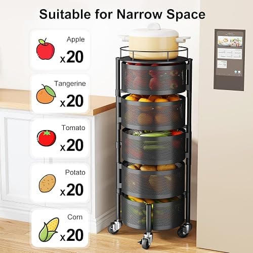 SAYZH Fruit Vegetable Basket for Kitchen, Rotating Storage Rack, 5 Tier Rolling Cart with top lid, Large Metal Wire Wheels, Black thumbnail 5