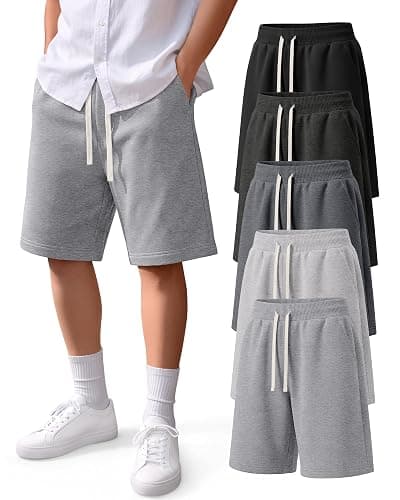 Yooo's Vivi 5 Pack Boys Sweat Shorts with Pocket | Elastic Waist Drawstring Shorts, Side Pocket Sweat Shorts, Soft Athletic Shorts, Back to School Uniform Summer Wear, 7-16 Y - Image 1