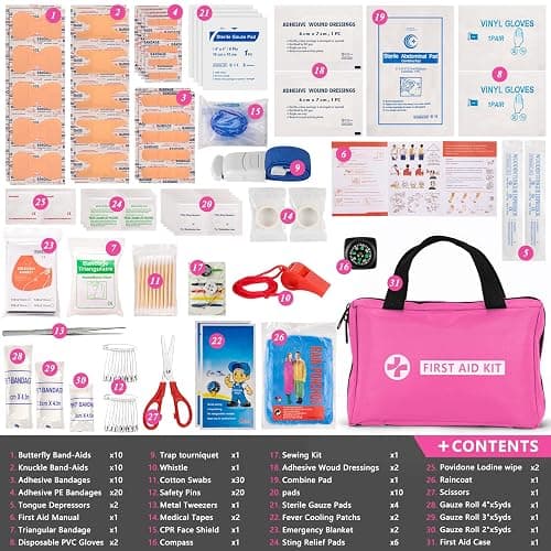 HLWDFLZ Car Emergency Kit with Portable Air Compressor - Roadside Assistance Emergency Kit with Jumper Cables, First Aid Kit, Auto Tool Set, Winter Safety Kit for Women, Men, Teen (Pink) thumbnail 2