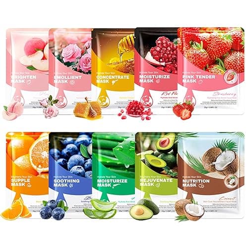 10PCS Plant Fruit Sheet Face Masks Set,Moisturizing Facial Sheet Masks,Hydrating Face Masks Sheet Masks Set,Non-greasy Overnight Face Sheet Masks Facemasks for Women and Men A - Image 1