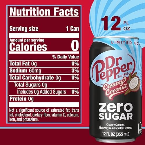 Dr Pepper Zero Sugar Creamy Coconut Soda, 12 fl oz cans, 12 Pack thumbnail 2