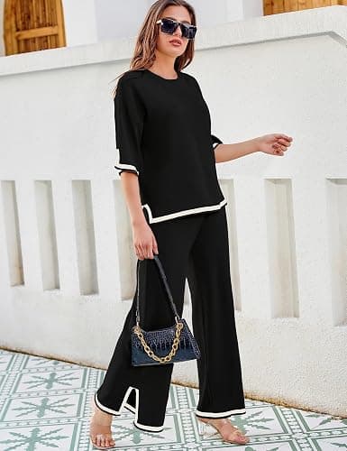 Tanming Sweater Sets Women 2 Piece Lounge Sets Short Sleeve Knit Pullover Tops Wide Leg Pants thumbnail 2