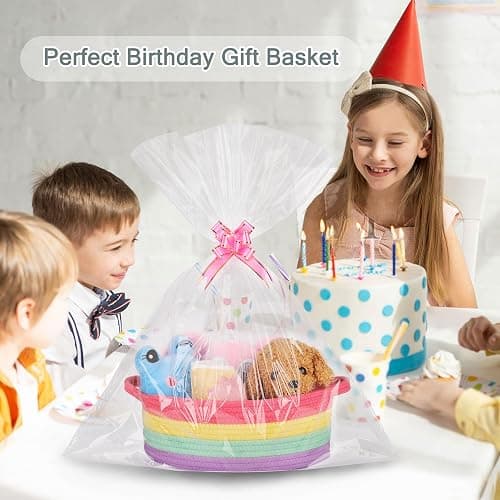 COMSE Small Woven Basket with Gift Bags and Ribbons, Gift Basket Empty, Cotton Rope Storage Organizer, Baby Toy Box with Handles, 12" x 8" x 5", Rainbow thumbnail 4