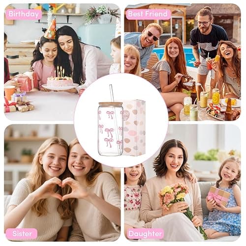 ANABIUP Coquette Cute Pink Bow Glass Cups with Lids and Straws, Aesthetic Iced Coffee Cup, Girly Preppy Design Tumbler Mug for Teen Girls Women Girlfriends Gifts thumbnail 6