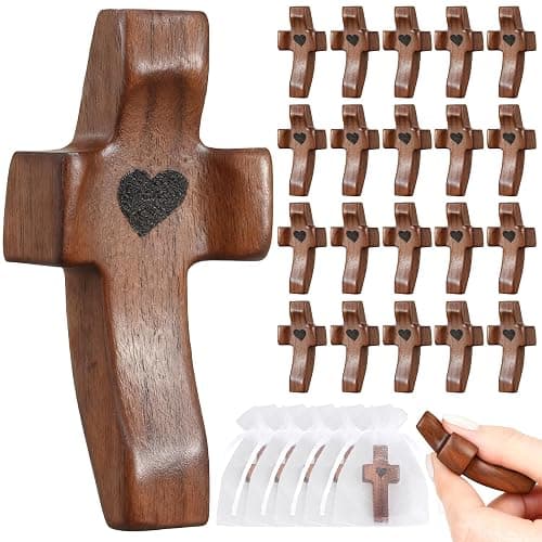 30Pcs Wooden Cross Fidget with Organza Bags Cross My Heart/ Encouragement Gift Handcrafted Walnut Pocket Cross Handheld Prayer Stress Relief Christian Faith Gifts Religious Easter Day Gifts (Brown - Image 1