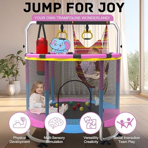 Trampoline for Kids, 60" Toddler Trampoline Indoor Outdoor, 440lbs KidsTrampoline with Enclosure Net, Upgraded Ring Legs with Adjustable Gymnastics Bar, Gifts for Ages 1-8 Boys&Girls thumbnail 7