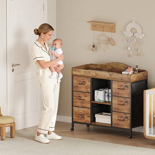 Yetom Changing Table, 6-Drawer Baby Dresser with Changing Table top,Waterproof Diaper Changing Station & Pad, 2 Height-Adjustable Open Storage Shelves, Mobile Nursery Organizer, Rustic Brown thumbnail 2