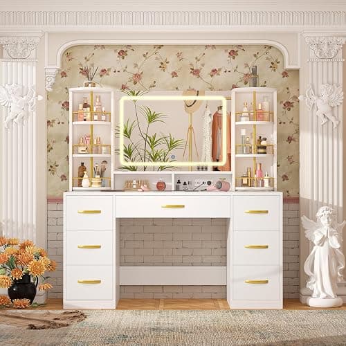 CSZZD White Vanity Desk with 360° Rotating Organizer & Charging Station | Large Makeup Vanity with LED Lighted Mirror and 6 Storage Drawers, Bedroom Vanity Table for Women Girls thumbnail 7