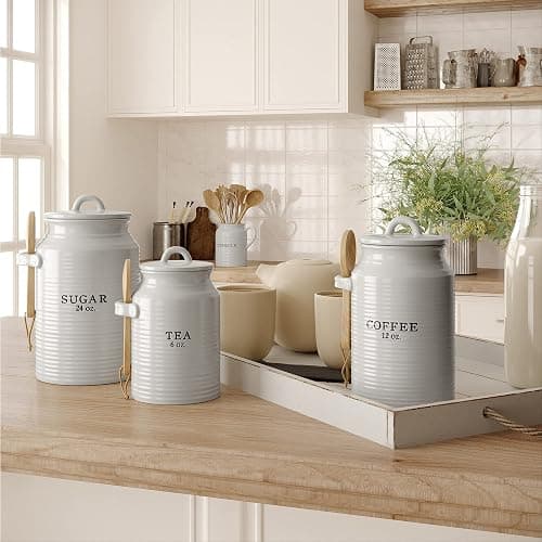Barnyard Designs Canister Set for Kitchen Counter, Coffee Tea Sugar Container Ceramic Set, Decorative Canisters, Rustic Farmhouse Canister Jars, White (Coffee/Sugar/Tea) thumbnail 2