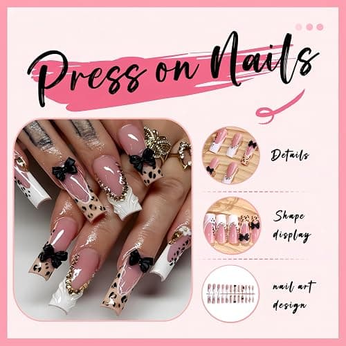 24Pcs Leopard Print French Tip Press on Nails Long Square Fake Nails 3D Rhinestone Black Bow Design False Nails Full Cover Artificial Acrylic Stick on Nails White French Tips Glue On Nails for Women thumbnail 2
