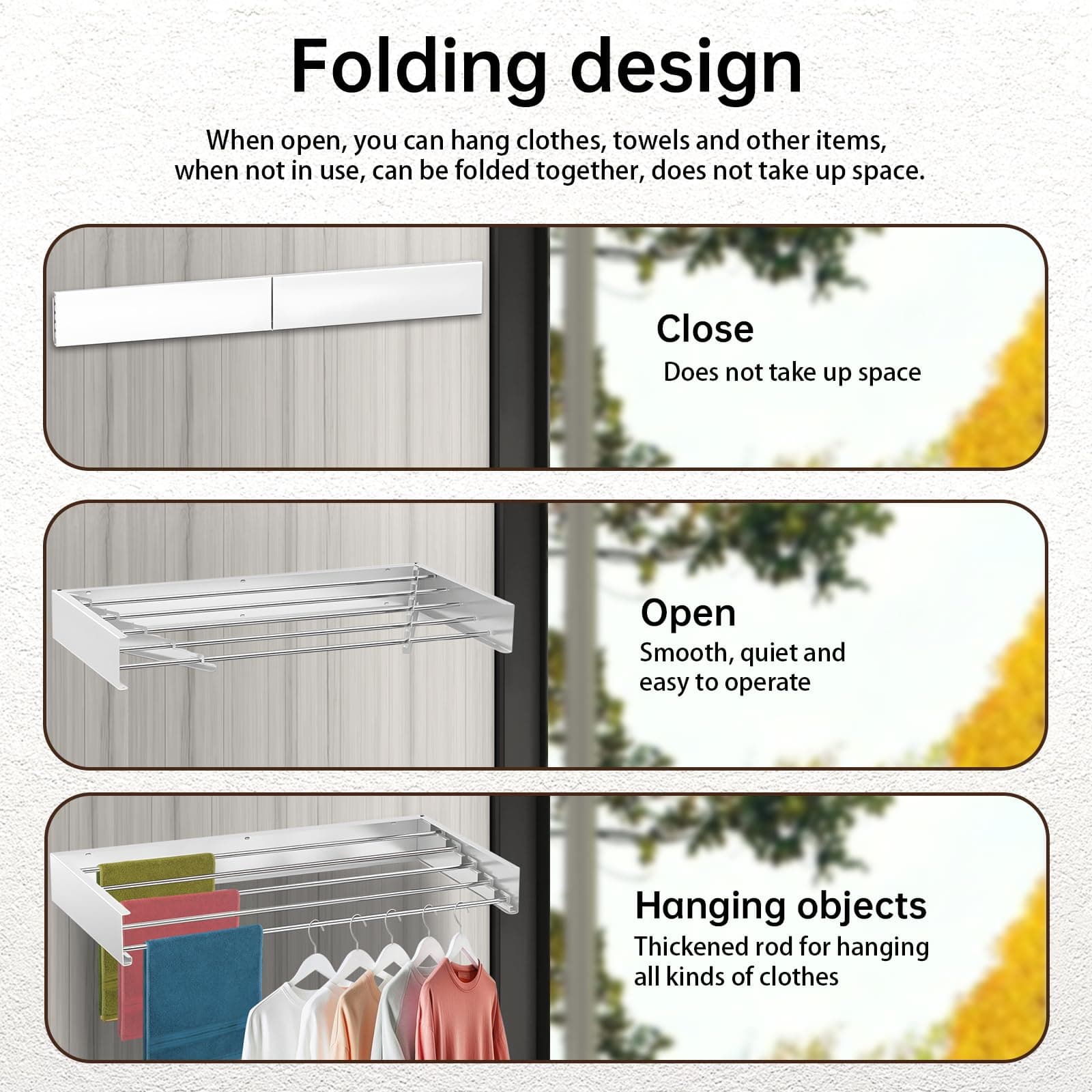 Wall Mounted Drying Rack, Collapsible Drying Racks for Laundry, Foldable Indoor and Outdoor Clothes Rack,Retractable Clothes Drying Rack, 80cm Wide,5 Rods, 45 lb Capacity thumbnail 2