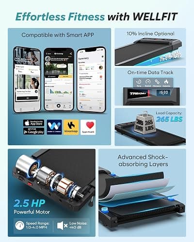 WELLFIT 10% Incline Walking Pads with Handle Bar for Home Office Apartment, Small Under Desk Treadmills with Hiking Climbing Mode for Efficient Fat-Burn, Works for APPs/Mute Remote, 360 LBS Capacity thumbnail 2