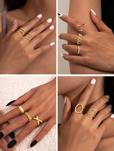THUNARAZ 12 PCS Stackable Gold Rings for Women Adjustable Open Chunky Rings,14K Gold Plated Twisted Round Signet Rings for Gift thumbnail 3