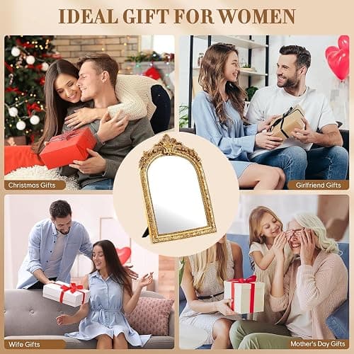 YUSONG Vintage Makeup Mirror for Tabletop - 8" Antique Gold Arched Desk Mirrors with Resin Frame Vanity Table Mirror for Bedroom Living Room Retro Decor thumbnail 8