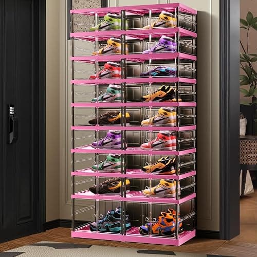 CIMLORD 9-Tier Foldable Shoe Rack for Closet Entryway 18-36Pairs, Stackable Clear Shoe Storage Boxes Organizer With Door Plastic Shoe Cabinet Bins with Lids Shoes Shelf Easy Assembly Large（Black-pink） - Image 1
