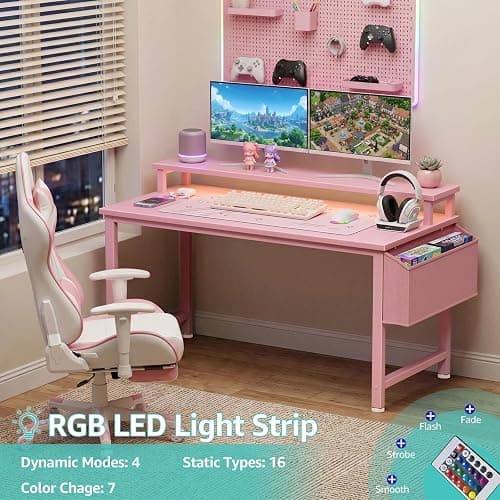 Lufeiya Girls Desk with Power Outlets and LED Lights, 40 Inch Gaming Desk Table with Charging Station, Home Office Computer Desks with Monitor, Pink thumbnail 5