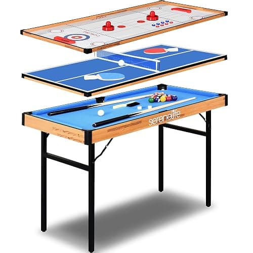 SereneLife 4 in 1 Multi Game Table, 4’x2’ Folding Portable Sports Arcade Games with Accessories, Ping Pong, Air Hockey, Pool Billiards, and Shuffleboard, for Indoor, Outdoor, All Ages - Image 1