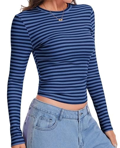 Eyanse Ribbed Long Sleeve Tops for Women,Stretch Striped Shirt Slim Fit Tee thumbnail 5