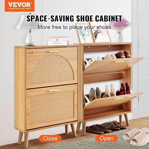 VEVOR Shoe Cabinet with 2 Flip Drawers, Shoe Storage Cabinet for Entryway, Free Standing Shoe Storage Organizer with Rattan Doors for Heels, Boots, Slippers in Hallway, Living Room - 23.62"D x 6.61"W x 34.53"H thumbnail 4