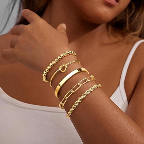 Gokeey Gold Bracelets for Women Non Tarnish, 14K Gold Plated Chunky Cuff Bracelet Gold Bangles Bracelet for Women Trendy Tie Knot Cuban Rope Paperclip Beaded Bracelet Stack Jewelry Gifts thumbnail 2
